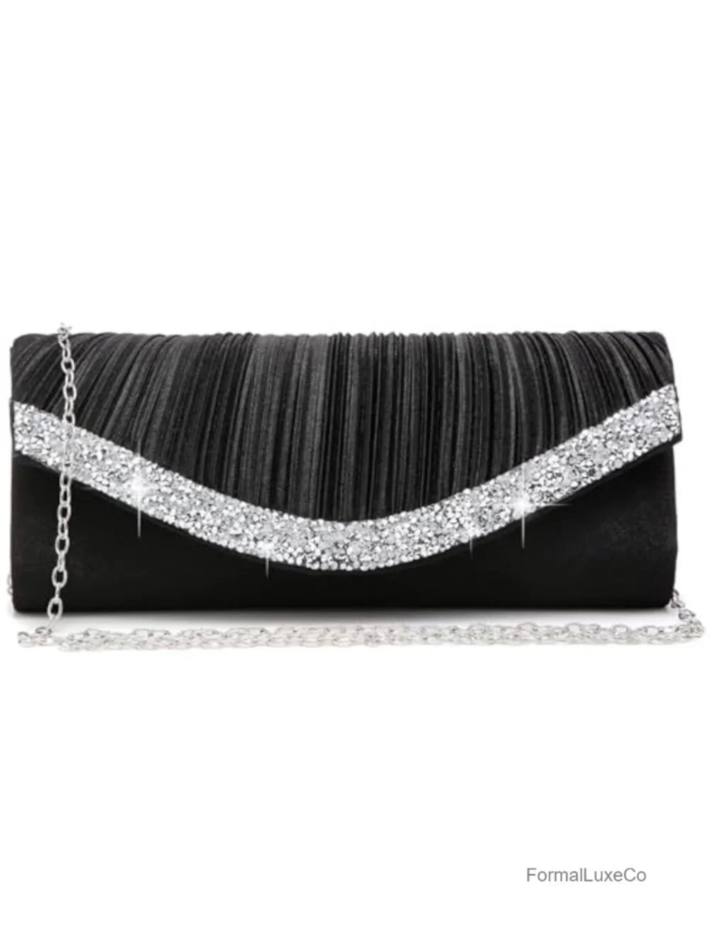 Satin Evening Clutch with Rhinestone Trim Pleated Flap Crossbody
